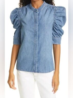 FRAME Gillian Puff Sleeve Denim Shirt Large 100% Cotton Blue Puff Sleeves